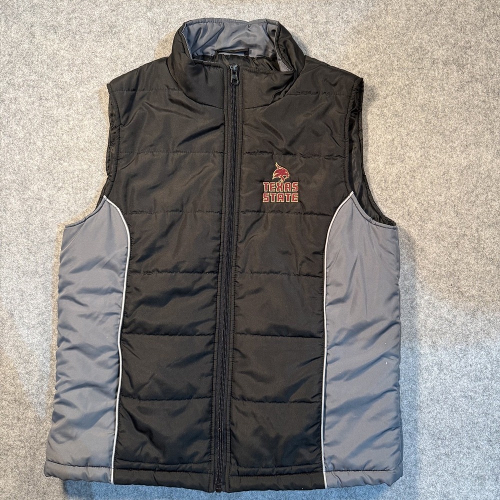 J. America Texas State Bobcats Puffer Vest Mens Small Black Grey Full Zip Quilt